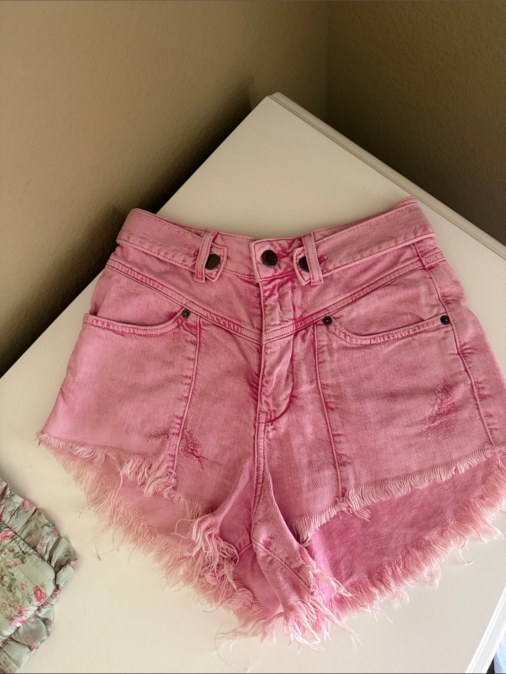 Retrofete Pink Frayed Denim Shorts
